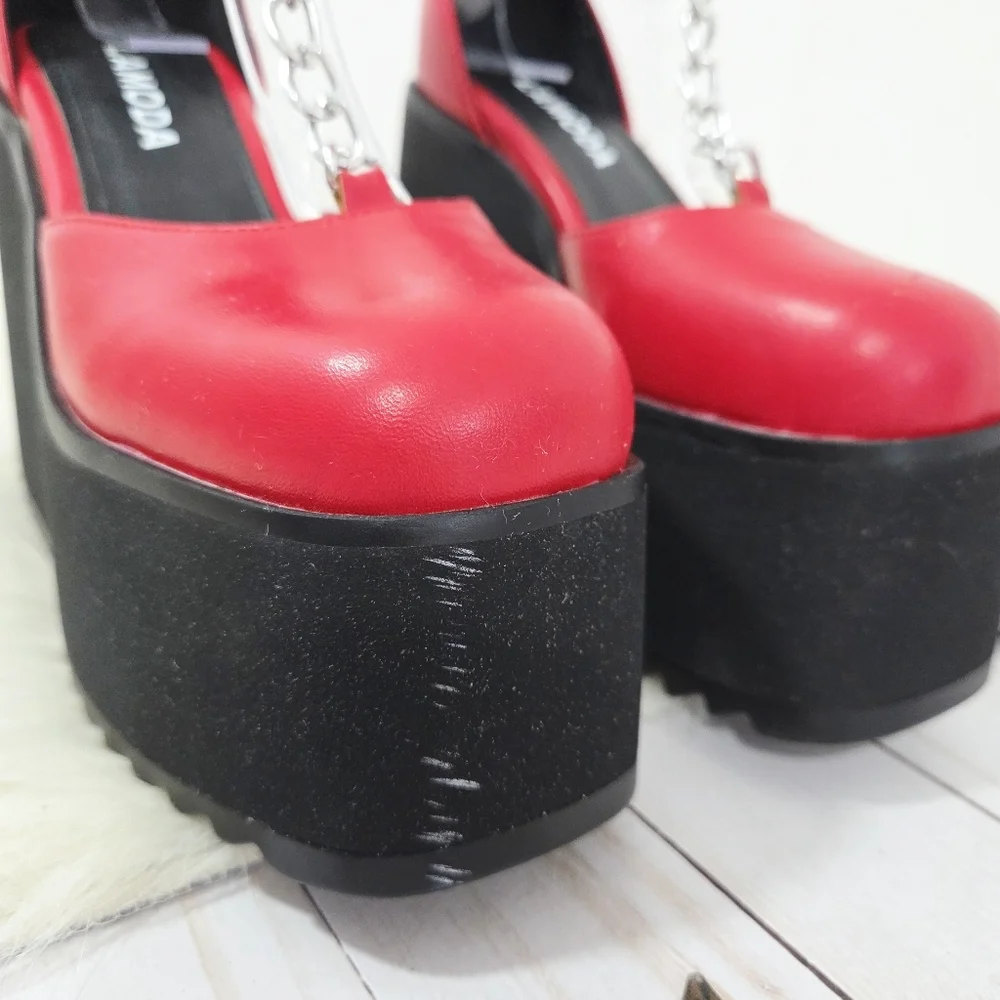 Lamoda Red Black Platform Wedge Heels Chain Ankle Strap Goth UK Size 5